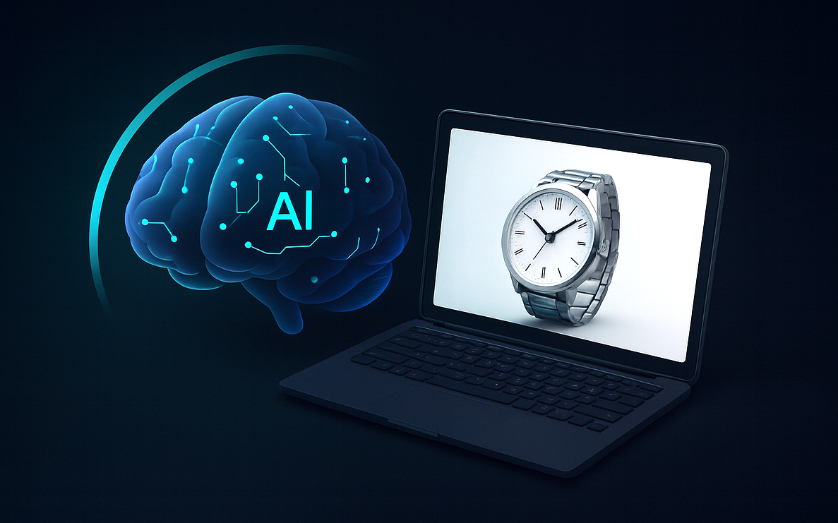 Abstrakcyjny mózg AI obok laptopa – grafika marki Botum